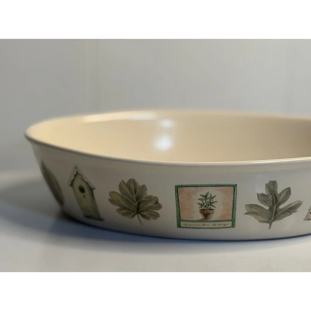 VTG‎ Pfaltzgraff Naturewood Baker Oval Tan Green Birdhouse Leaves Garden 10-inch